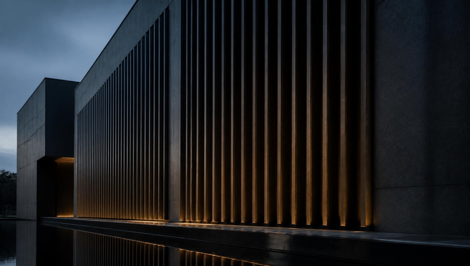 Contemporary institutional architecture at dusk, lit in warm gold